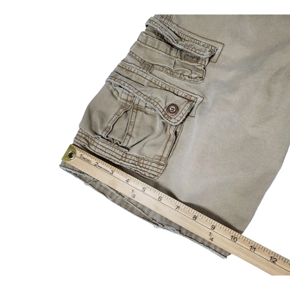 Pluggo Mens Khaki Tan Y2k Cargo Shorts Size 30 Distressed Raw Hem Cotton Utility